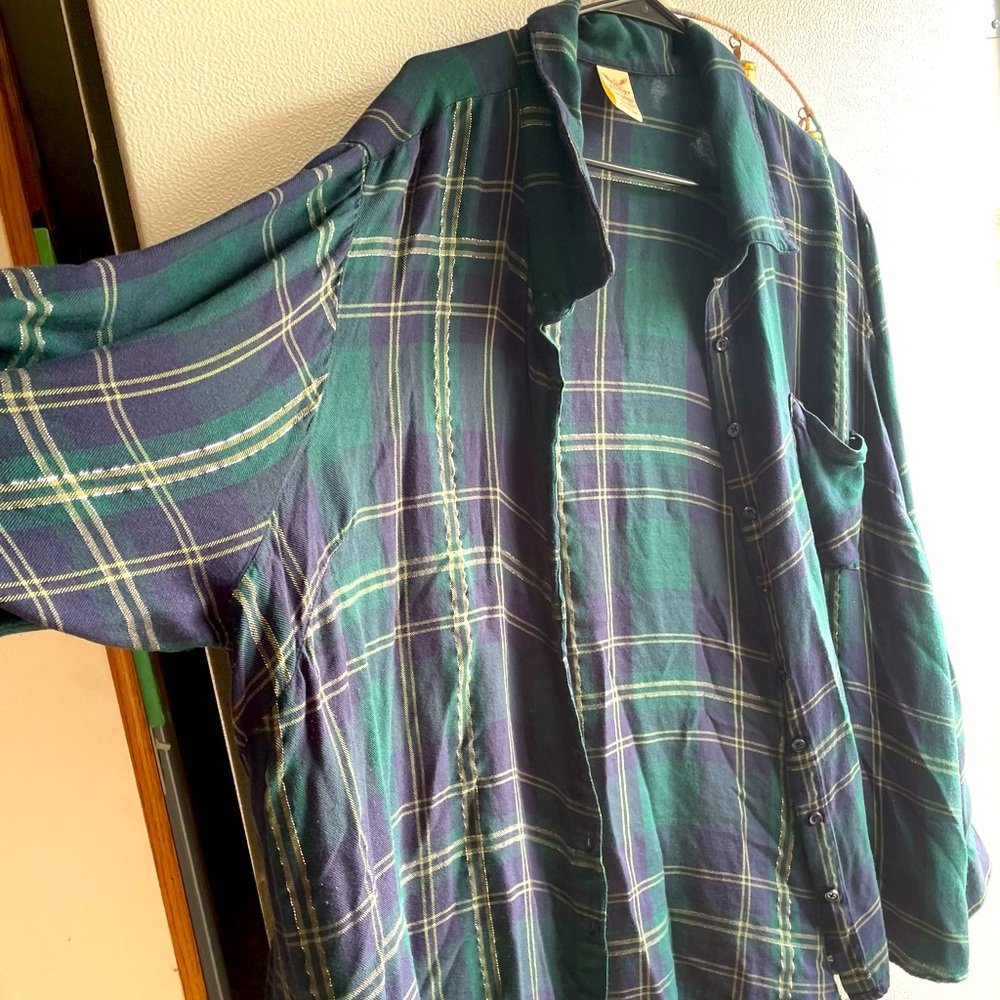Beautiful blue and green plaid button up shirt
